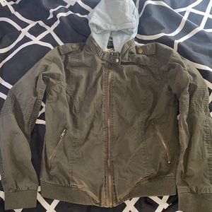 Army green bomber jacket with grey cotton hood